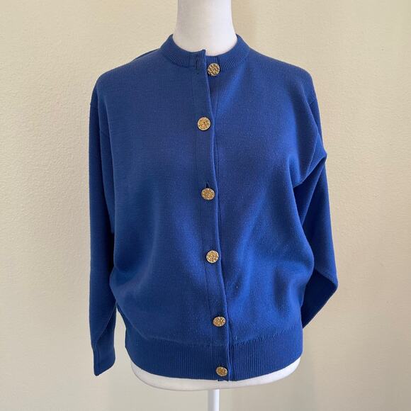 Vintage Burberrys Cardigan Button Down 100% Wool Blue SZL Old Money Classic - Picture 2 of 11
